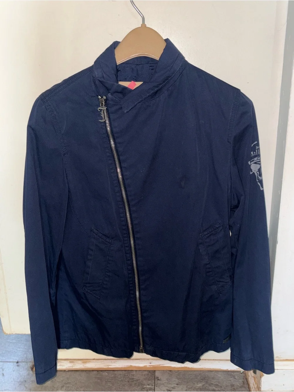 John Galliano Kid Navy asymmetrical zip jacket Pirate scull log size12 Designer